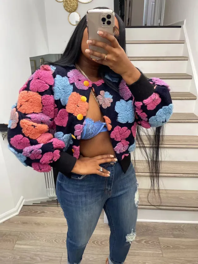 Women's Retro Three dimensional Flower Acquard Coat Pink - Shop at LoveMi