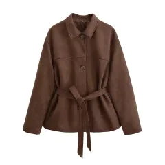 Loose Casual Polo Collar Long Sleeve With Belt Suede Shirt Jacket - As Shown In The Figure - View 1
