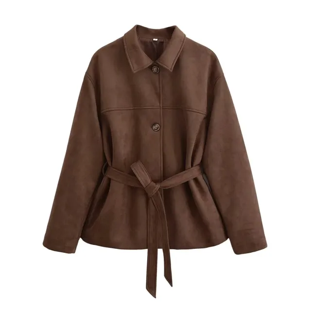 Loose Casual Polo Collar Long Sleeve With Belt Suede Shirt Jacket As Shown In The Figure - Shop at LoveMi