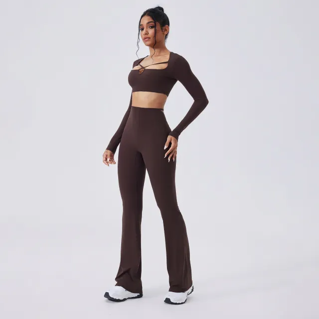 Color blocking Yoga Hollow out Slim fit High waist Flared Pants Long Sleeve Set Distilled Coffee - Shop at LoveMi