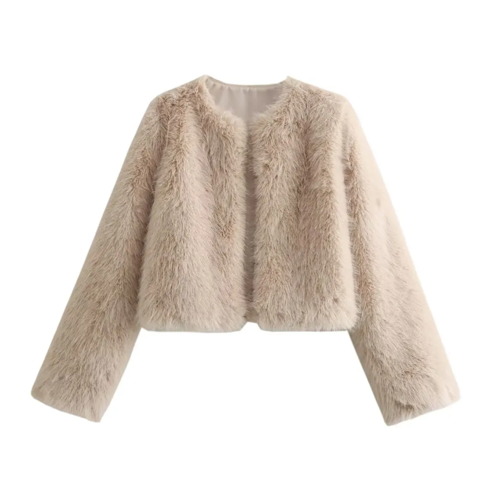 Polyester Imitation Fur Women's Short Cardigan Coat - Khaki