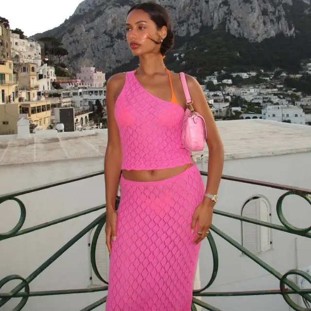 One shoulder Knitted Spaghetti strap Camisole Top Skirt Suit Rose - Shop at LoveMi
