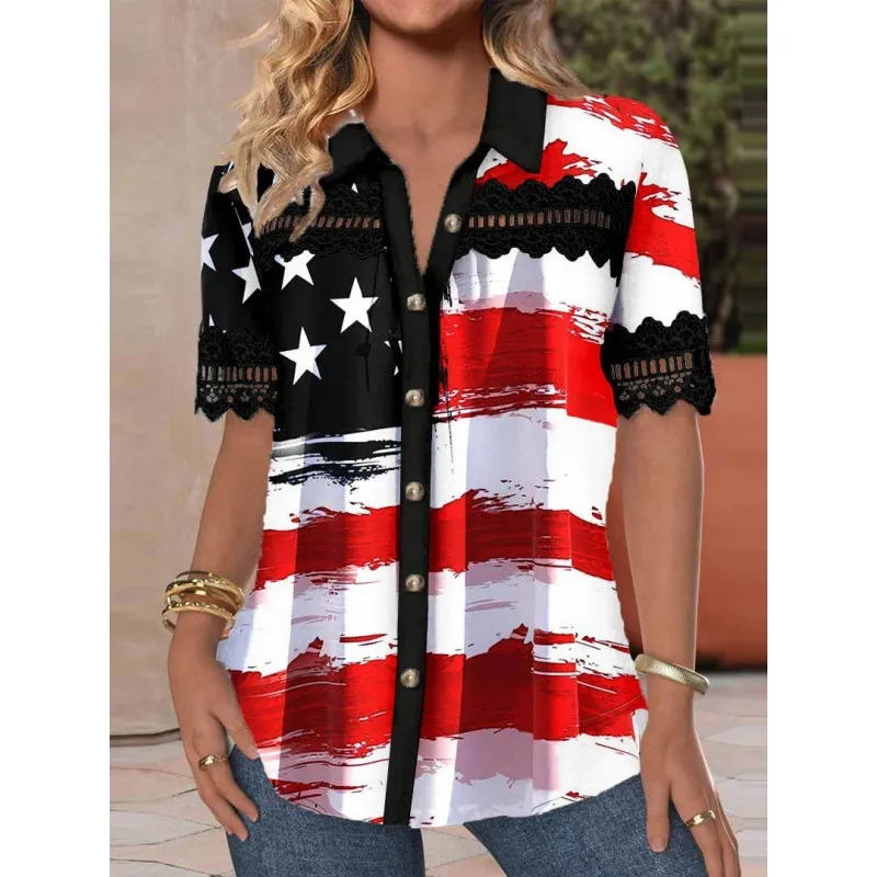 Women's Shirt Lapel 3d Digital Printing - 5 Colors-L