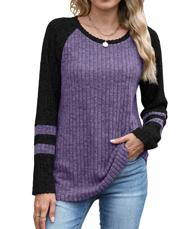 European And American Fashion Long Sleeve Contrast Color Sweater Round Neck Top Purple - Shop at LoveMi