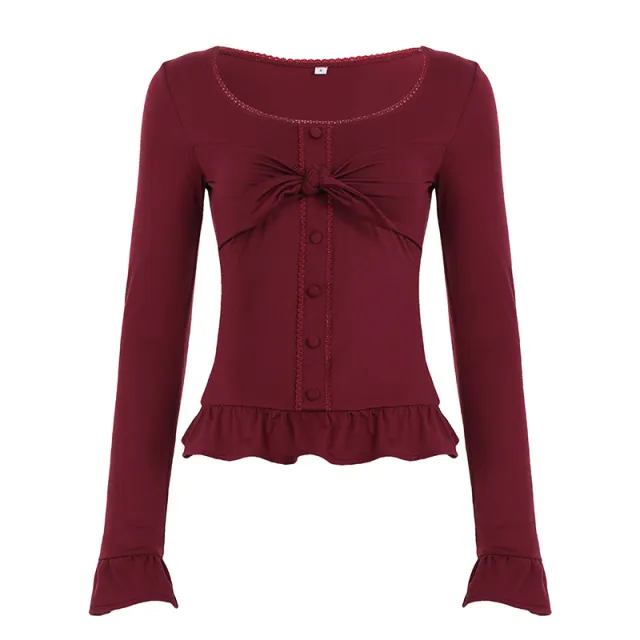 Sweet And Spicy Style With A U neck And Ruffled Hem, Long sleeved Design Red - Shop at LoveMi