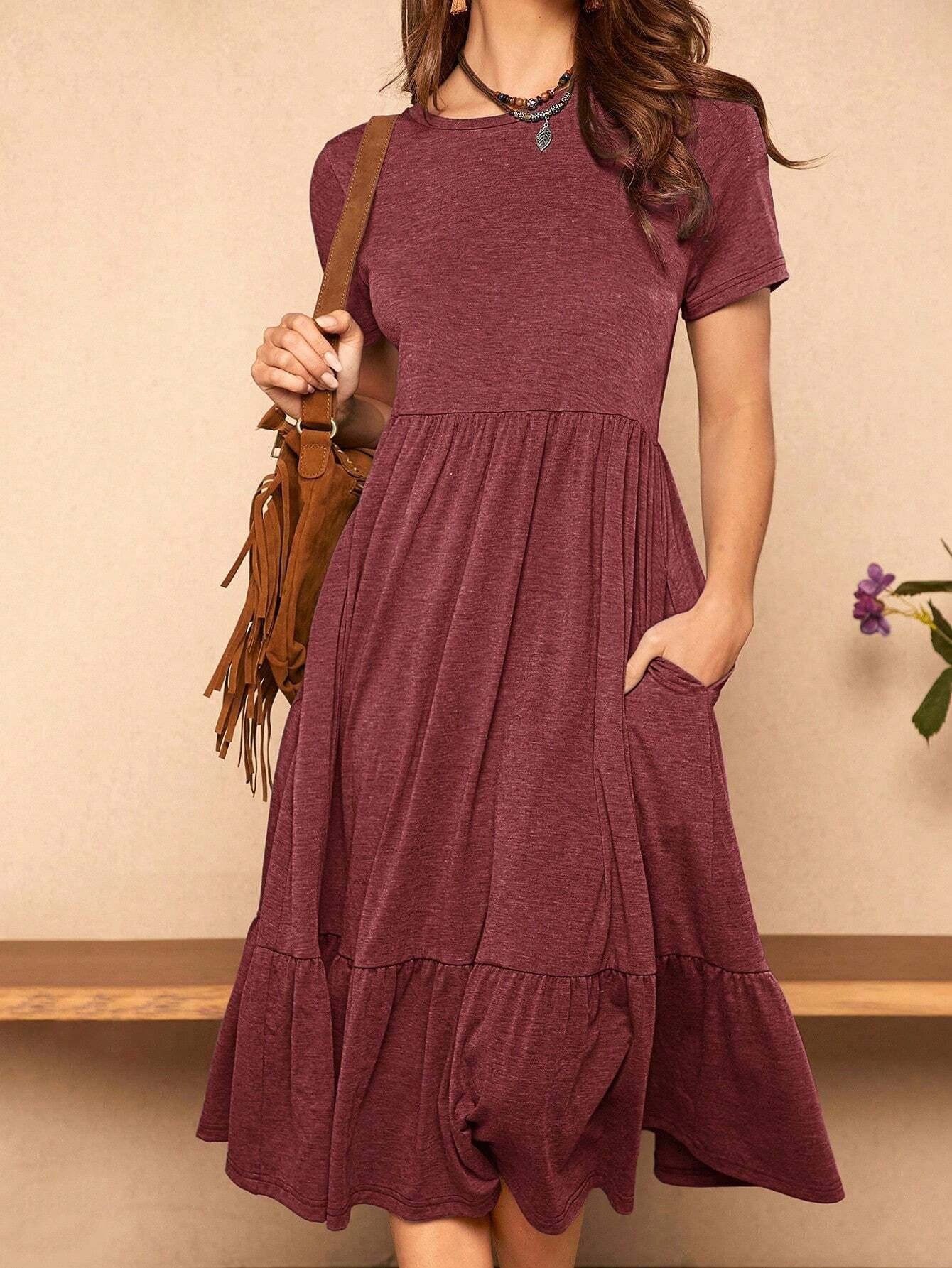 European And American Summer Pure Color Ruffles Hem Hidden Pocket Elegant Dress Wine Red - Shop at LoveMi