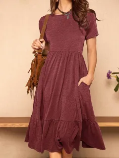 European And American Summer Pure Color Ruffles Hem Hidden Pocket Elegant Dress - Wine Red - View 1