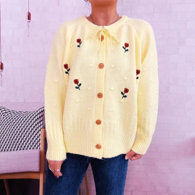 Flower Embroidery Bow Bandage Knitted Cardigan Single breasted Sweater Yellow - Shop at LoveMi