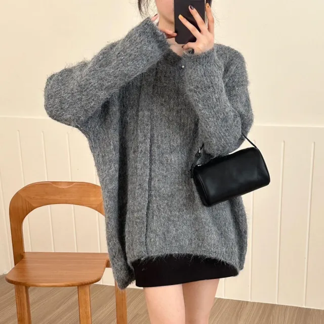 V neck Halter Ribbon Loose And Lazy Style Mid length Sweater Gray - Shop at LoveMi