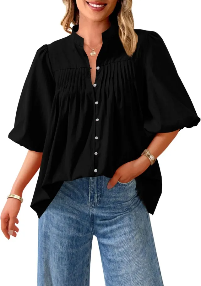 Loose Style Button Shirt Casual Pleated V neck Shirt Black - Shop at LoveMi