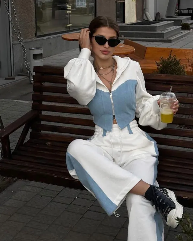 Fashion Casual Sweater Suit Denim Stitching Hooded Top And Trousers White - Shop at LoveMi