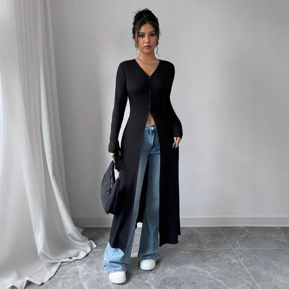 European And American Solid Color Long Button Cardigan Slim Fit Slimming Top Women