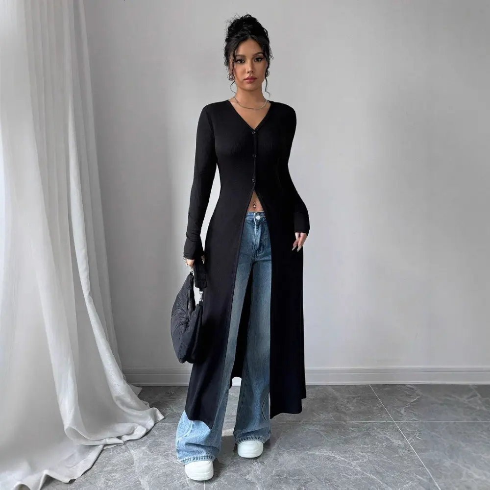 Solid Color Long Button Cardigan Slim Fit Slimming Top