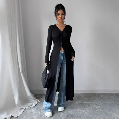 European And American Solid Color Long Button Cardigan Slim Fit Slimming Top Women