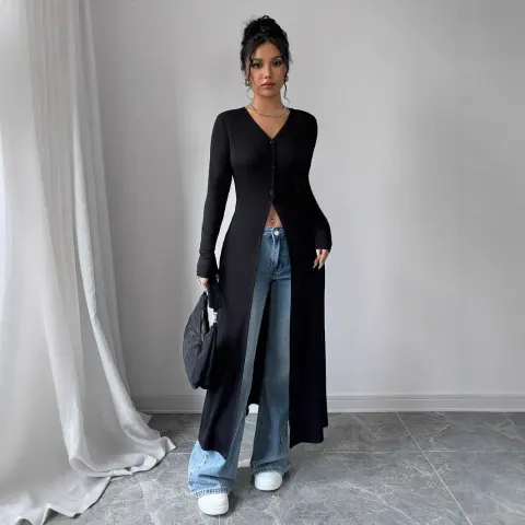 Solid Color Long Button Cardigan Slim Fit Slimming Top