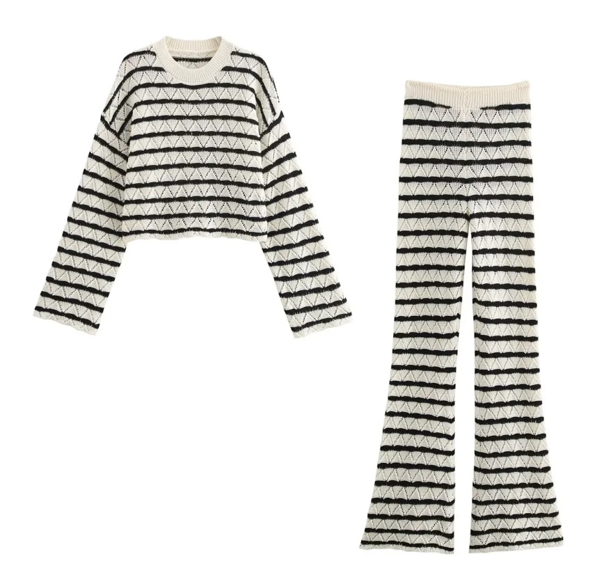 Women's Striped Knitted L Long Sleeve Bell bottom Pants Suit Striped Suit S - Shop at LoveMi