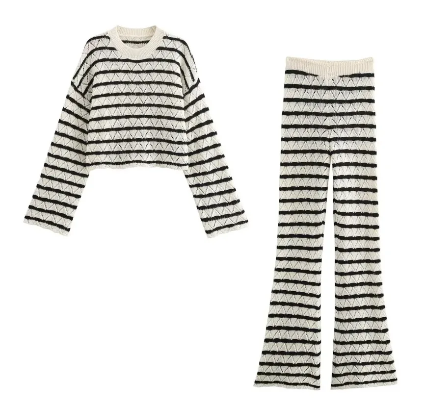 Women's Striped Knitted L Long Sleeve Bell-bottom Pants Suit - Striped Suit-S