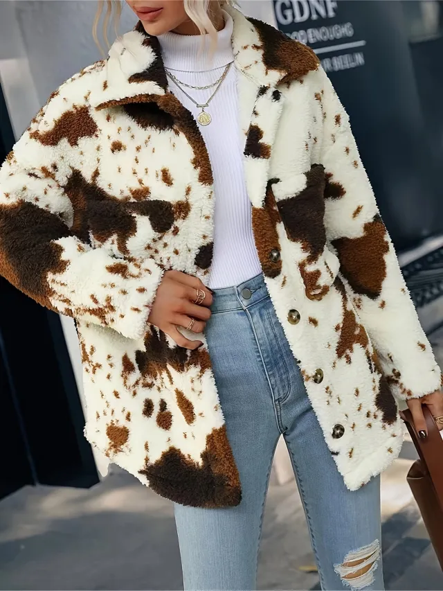 Double sided Plush Cow Pattern Pocket Top Coat Brown - Shop at LoveMi