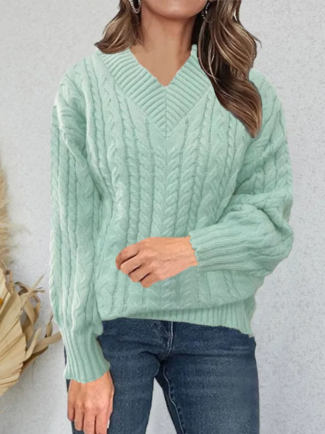 Women's Autumn And Winter New Long sleeved Knitted V neck Pullover Sweater Green - Shop at LoveMi