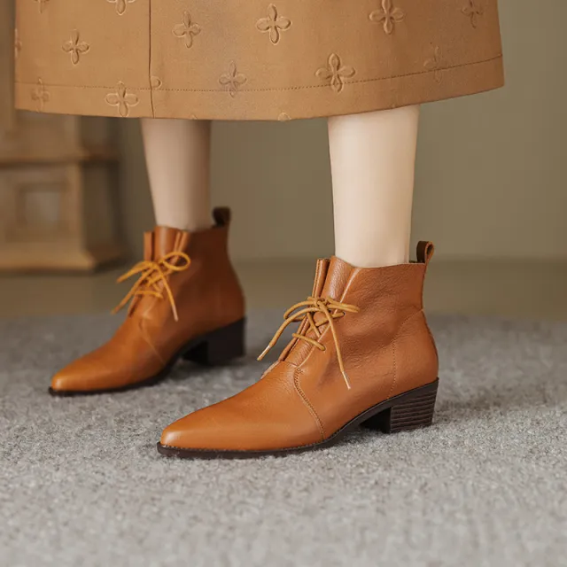 Pointed toe Lace Chunky Heel Mid Heel Cowhide Martin Boots Caramel Velvet Lining 39 - Shop at LoveMi