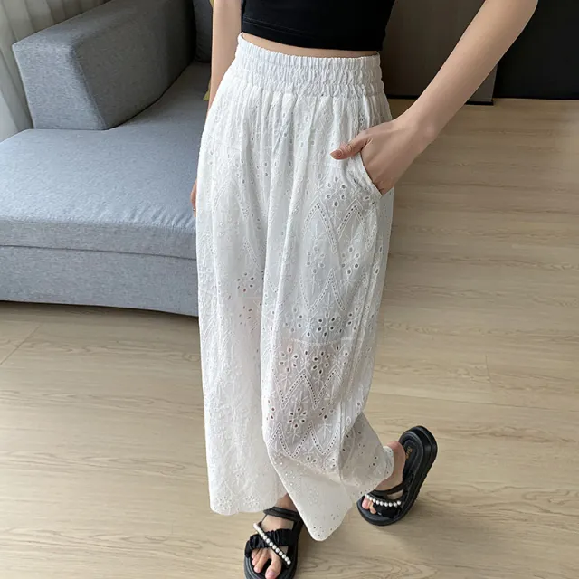 Straight Wide leg Women's Loose White Embroidered Hollow Casual Pants Red - Shop at LoveMi