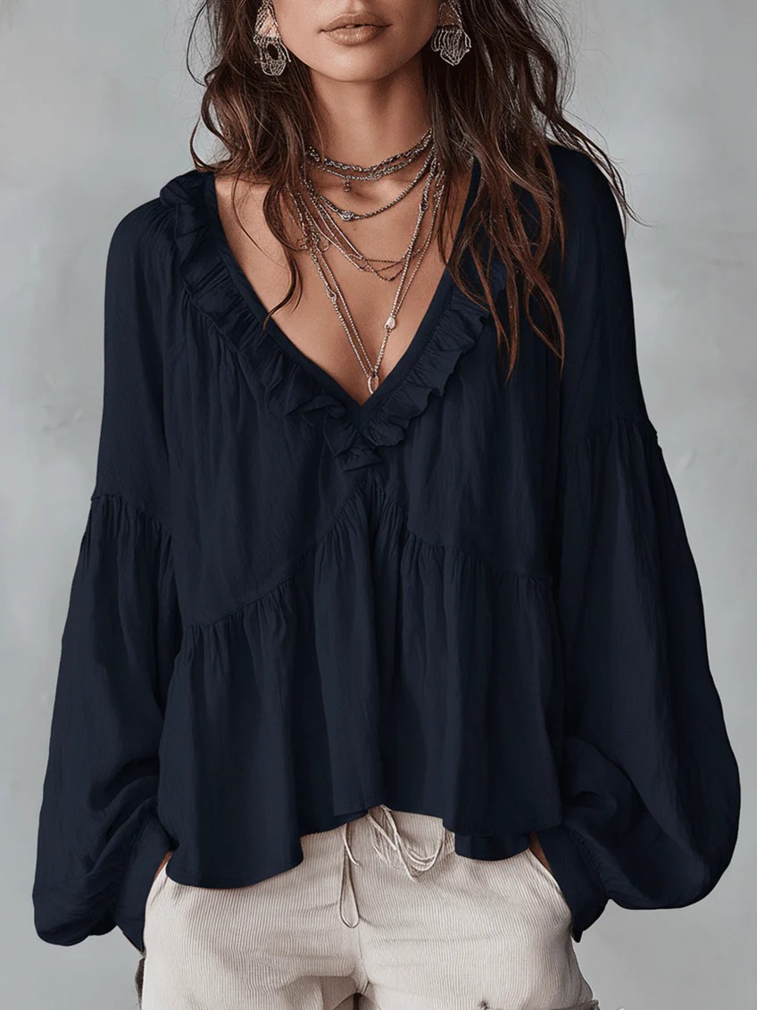 Ruffle-trimmed Puff-sleeve Pleated Blouse