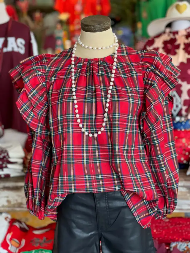 Women's Cotton Red blue Plaid Ruffled Decorative Round Neck Lantern Sleeve Blue - Shop at LoveMi