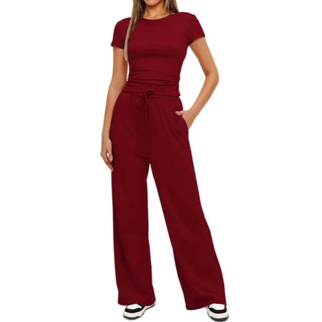 Fashion Casual Set Pleated Short Sleeves Top And Trousers Red - Shop at LoveMi