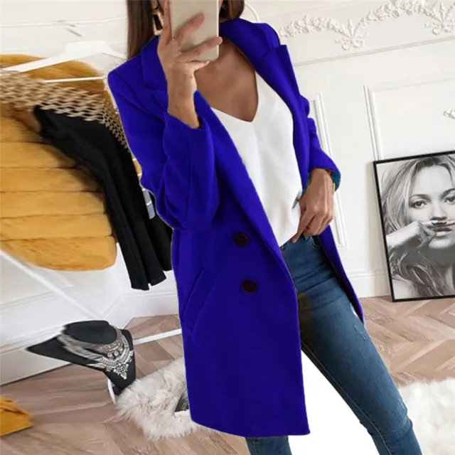 Solid Color Polo Collar Mid length Button Woolen Coat Sapphire Blue - Shop at LoveMi