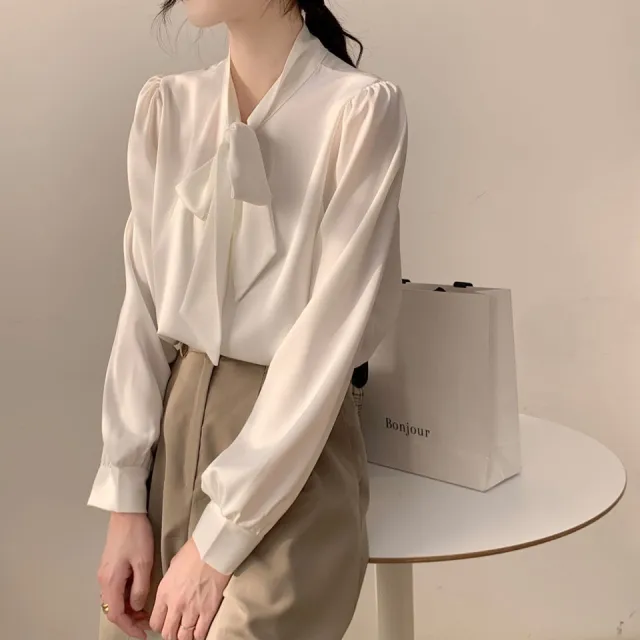 Lace up Bow Business Wear Solid Color Bottoming Long Sleeve Shirt White - Shop at LoveMi