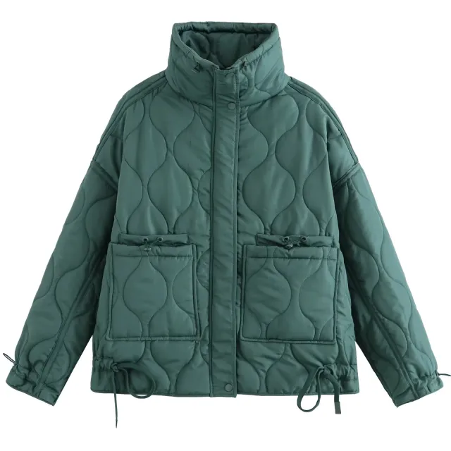 Women's Fashionable All match Casual Loose Diamond Lattice Stand Collar Long Sleeve Cotton padded Jacket Dark Green - Shop at LoveMi
