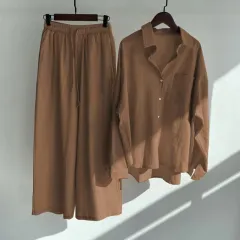 Cross-border Women's Ancient Cotton And Linen Shirt Outfit High Waist Loose Trousers - Dark Brown - View 1