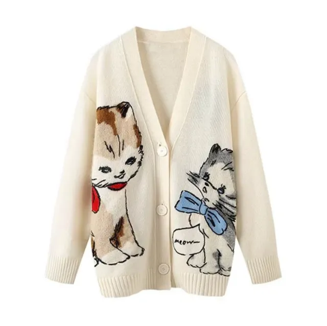 Cartoon Cat Jacquard Pattern Knitted Long Sleeve White - Shop at LoveMi