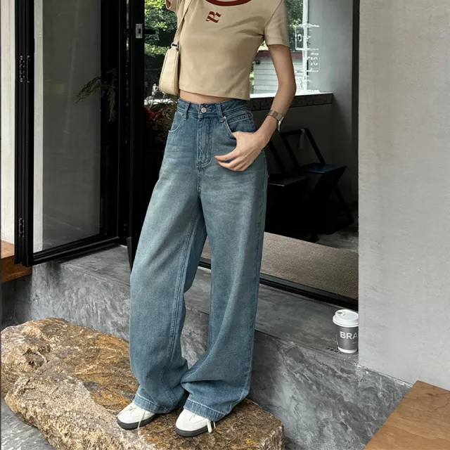 High Waist Drooping Denim Loose Wide leg Pants Blue - Shop at LoveMi
