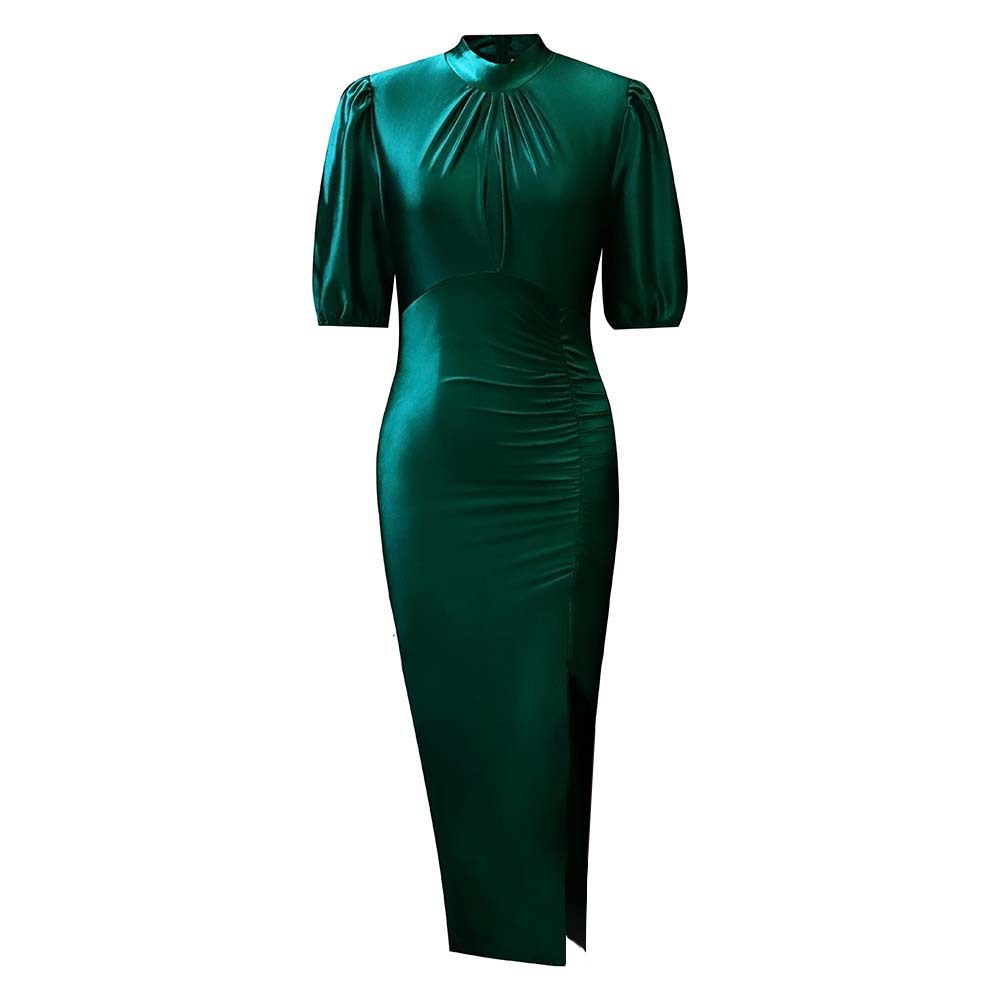Turtleneck Solid Color Pleated High Waist Dress