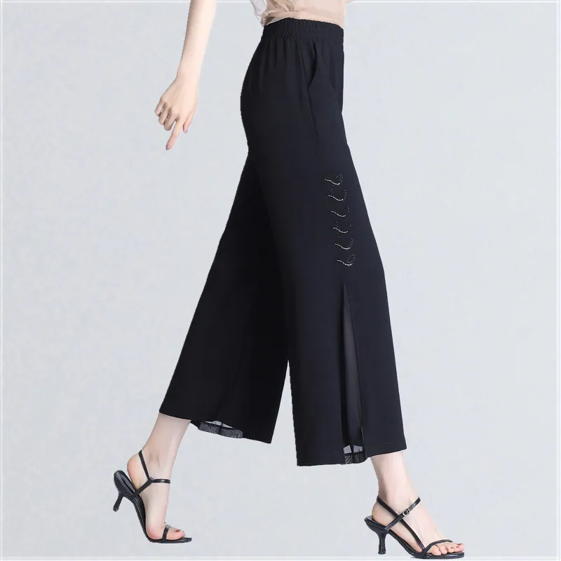 Ice Silk Chiffon Straight Wide-leg Pants Women's Cropped Pants Thin - Black With Diamond