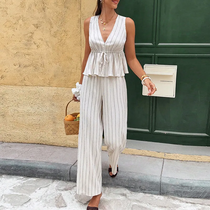Striped Sleeveless Top Straight-leg Trousers Suit Two-piece Vest Set - Stripes-Xl