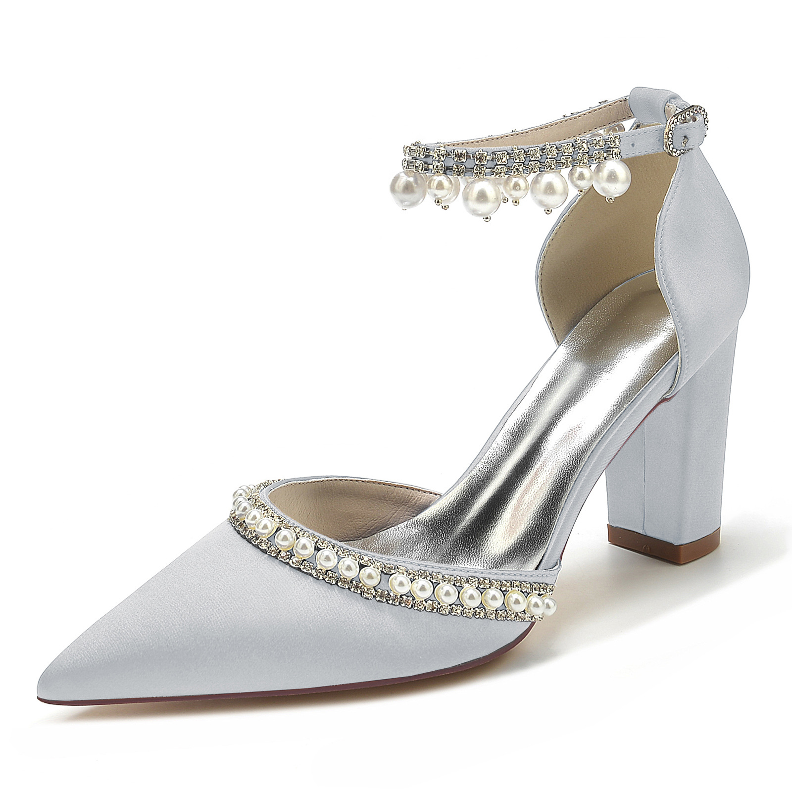 Title 14, Satijnen pumps met spitse neus, blokhak, strass...