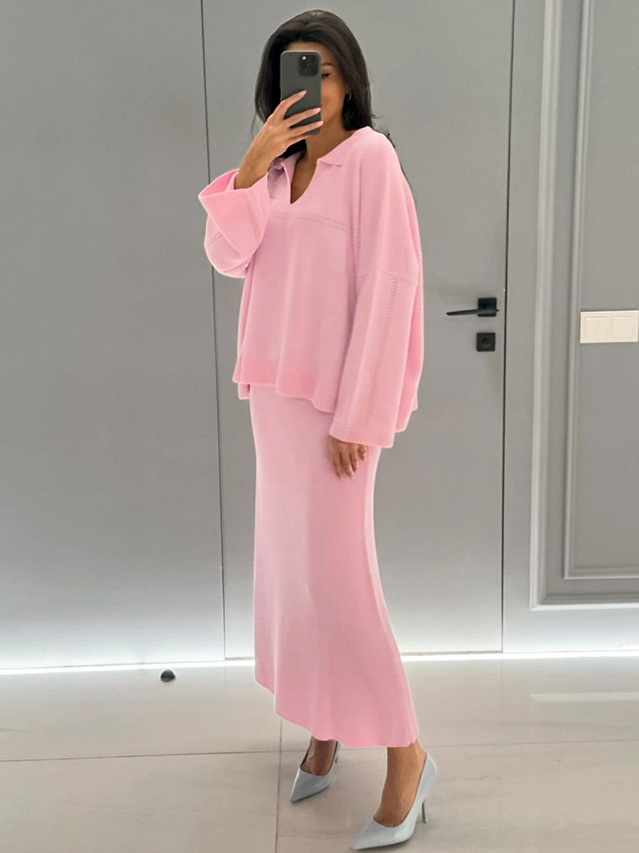 Fashion Simple V neck Loose Sweater Suit Pink - Shop at LoveMi
