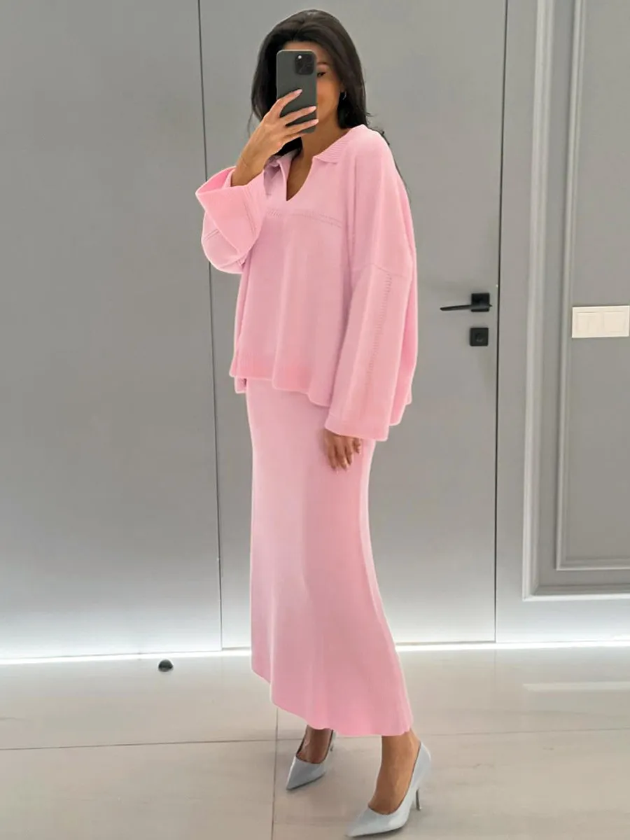 Fashion Simple V-neck Loose Sweater Suit - Pink