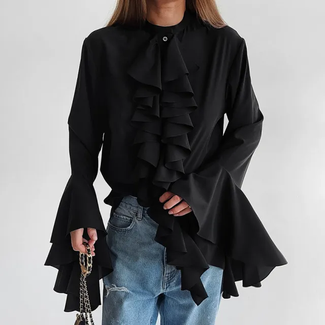 Design Ruffled Long Sleeve Shirt Black - Shop at LoveMi