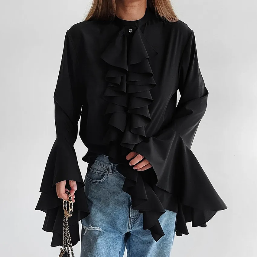 Design Ruffled Long Sleeve Shirt - Black