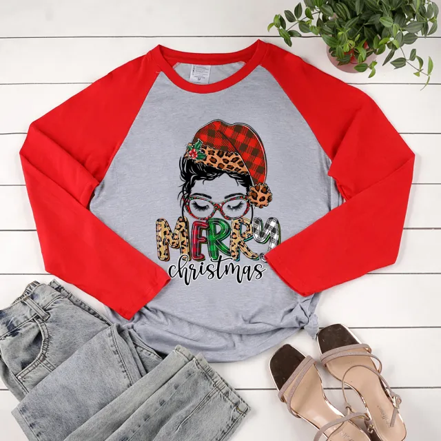 Raglan Long Sleeve Christmas Glasses Print Gray Body With Red Sleeves - Shop at LoveMi