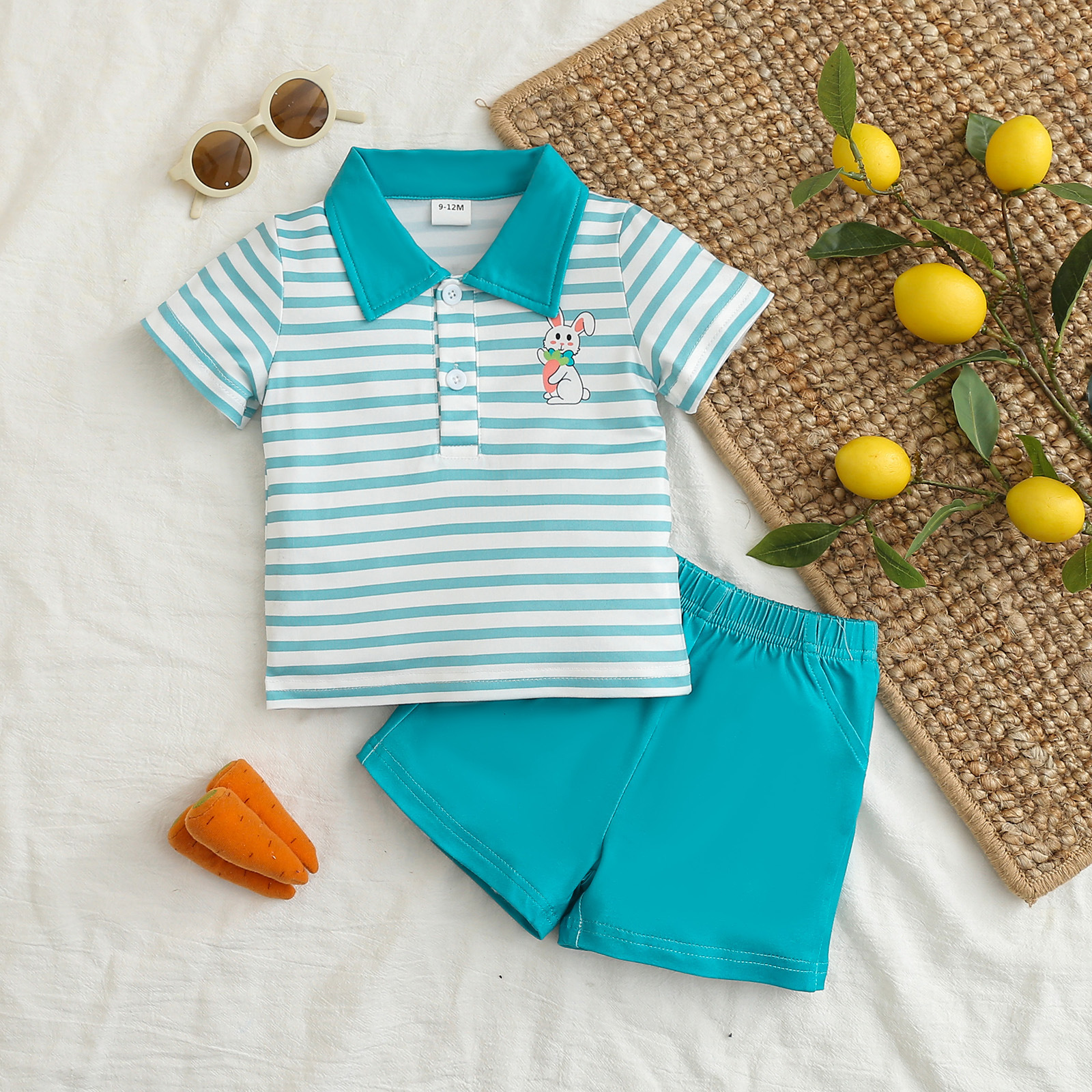 Short-sleeve Striped Cartoon Rabbit-print Top And Shorts