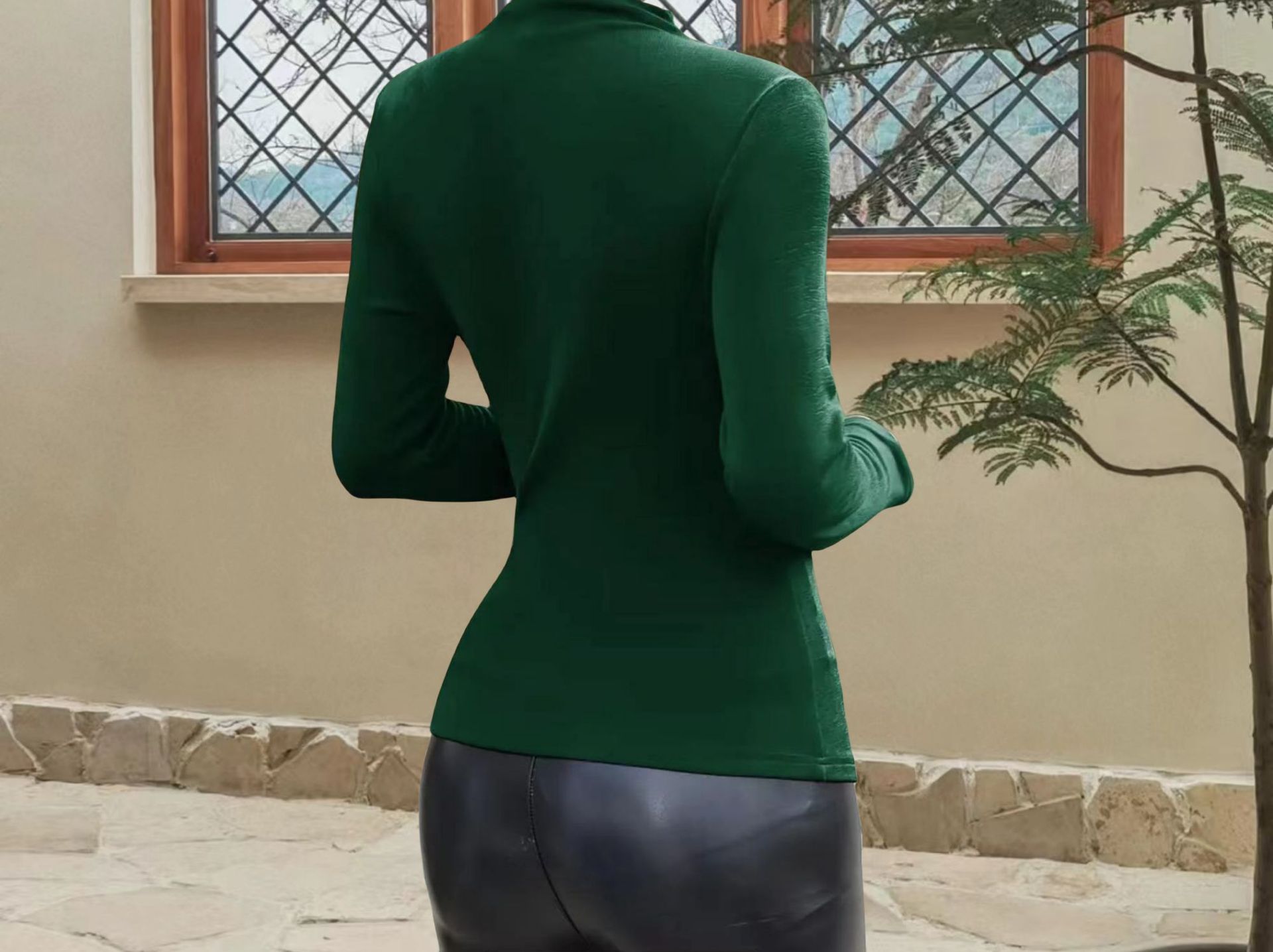 Solid Color Slim Fit Long Sleeves Top Dark Green - Shop at LoveMi