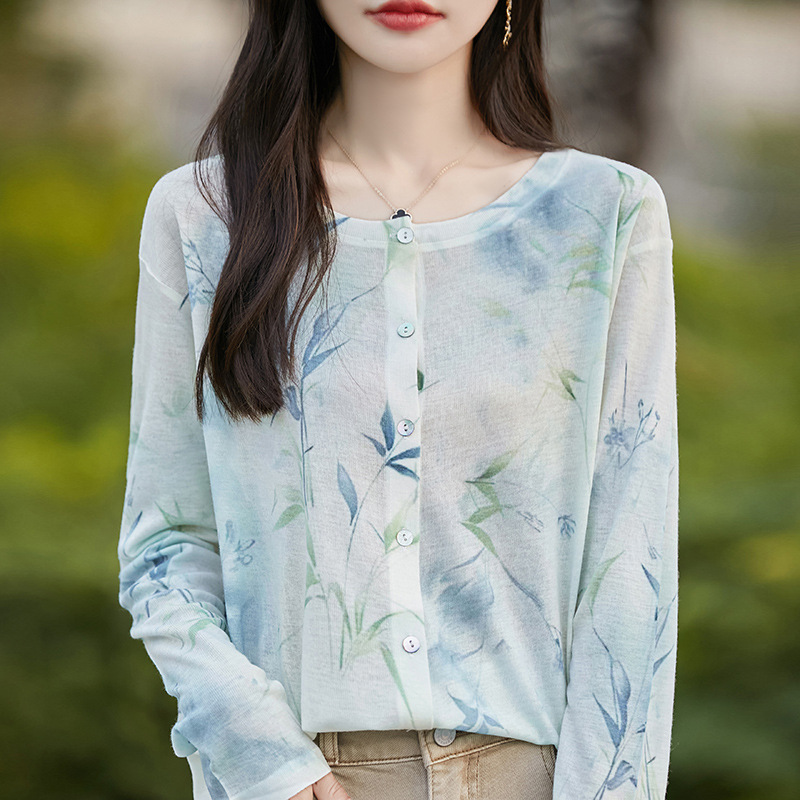 春秋新款羊毛圆领针织开衫女圆领气质印花宽松毛衣百搭薄款小衫潮