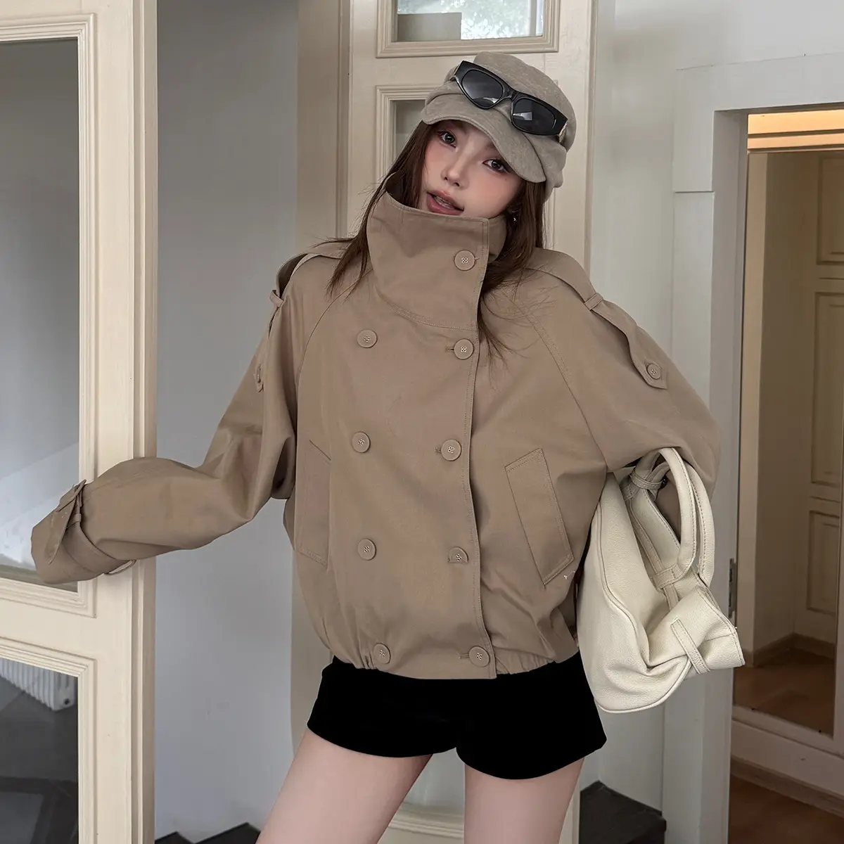 Double-breasted Stand-up Collar British-style Trench Coat Jacket