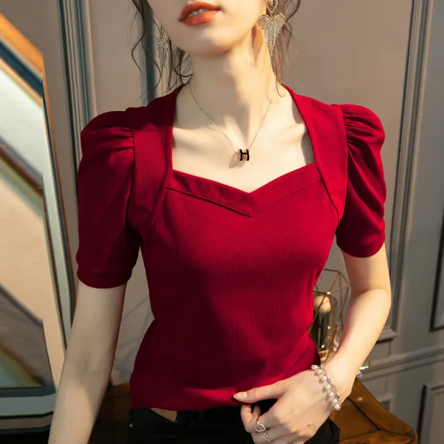 Diamond Collar Short Sleeve T shirt Women's Solid Color Puff Sleeve Top Cherry Red - Shop at LoveMi