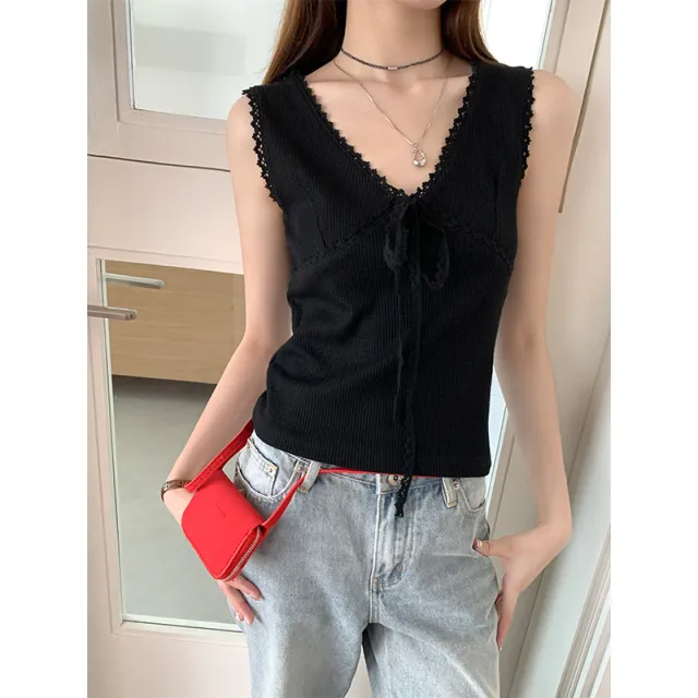 All matching Sleeveless Top Sweet Lace Tied V neck Vest Black - Shop at LoveMi