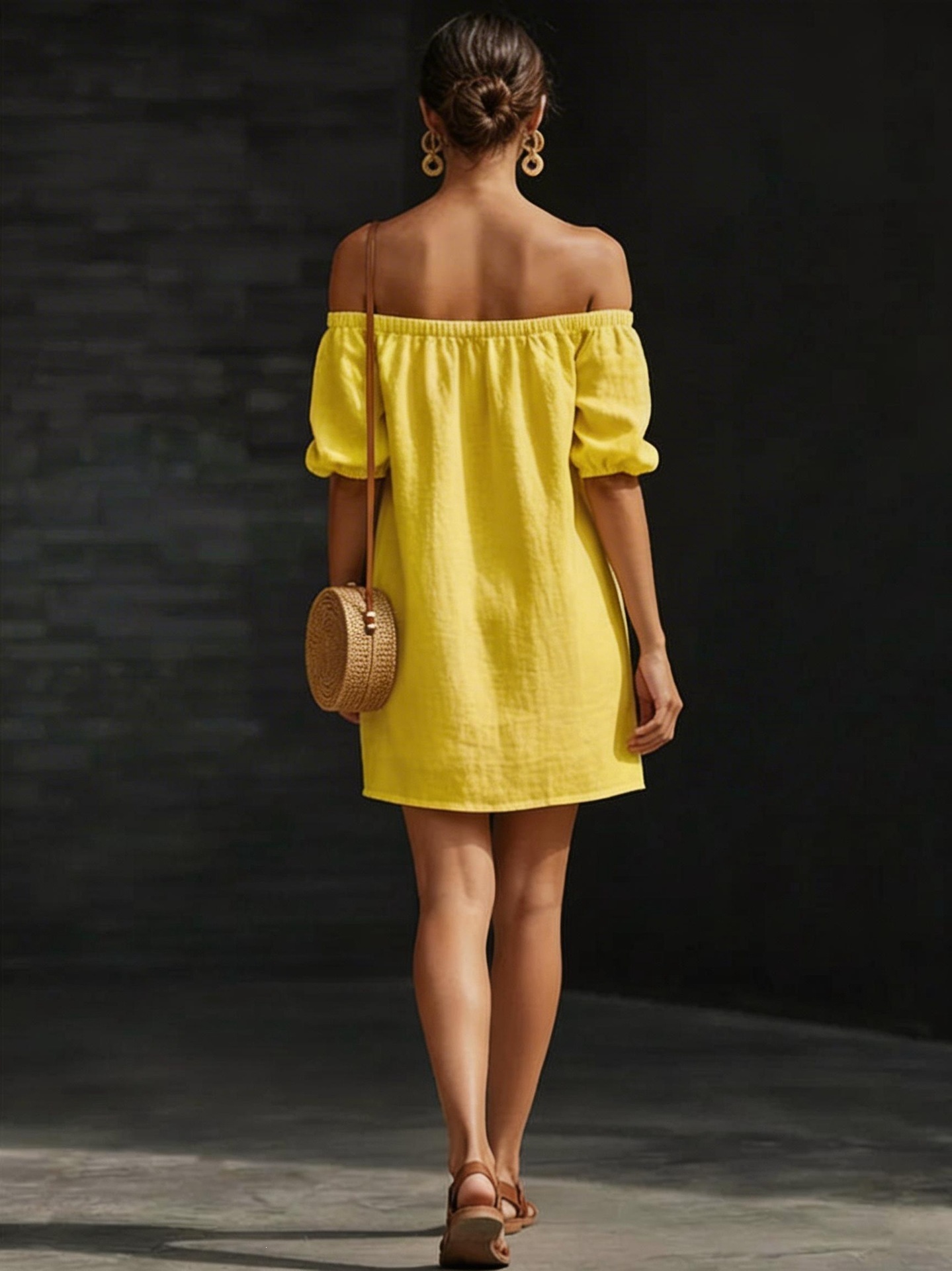 Women's off-shoulder puff-sleeve mini dress in pink, full front view showing loose silhouette